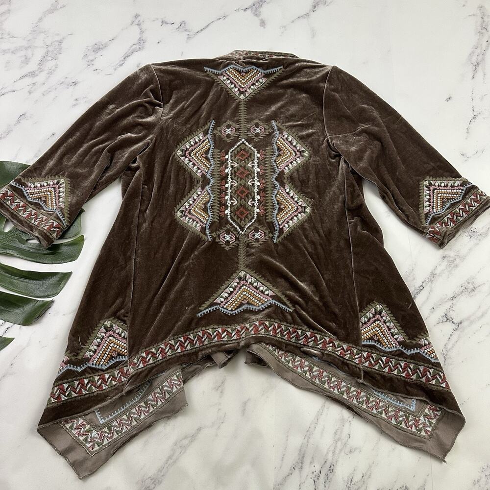 Paparazzi Womens Velvet Embroidered Kimono Cardigan Sweater Size M Brown Pink - Picture 8 of 12